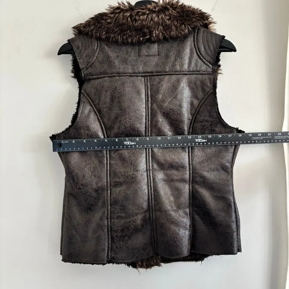 Dots Faux Fur Trim Leather Vest with Zipper Pockets Women's Size M - Picture 5 of 7